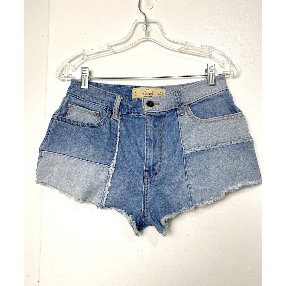 Hollister Blue Denim Vintage Shorts Size 28 Womens High Rise Cut Off Color Block